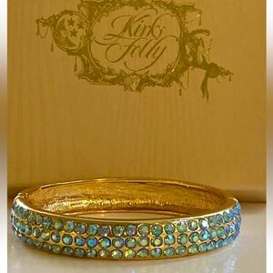 Kirks Folly Brilliant Blue Aurora Borealis Crystals Gold Plated Hinged Bracelet